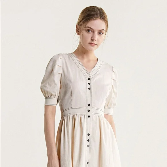 Dresses | Jing Ivory Contrast Stitch Lantern Sleeve Midi Dress | Poshmark